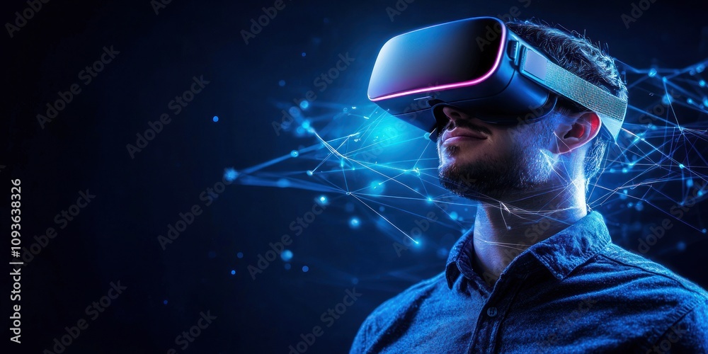 Poster man wearing vr headset with glowing blue lines in the background