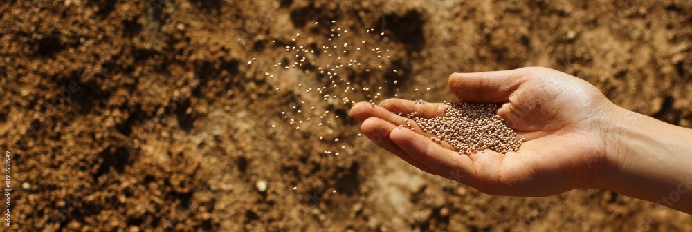 Poster a hand is scattering seeds with care over freshly tilled soil, preparing for planting in a garden at