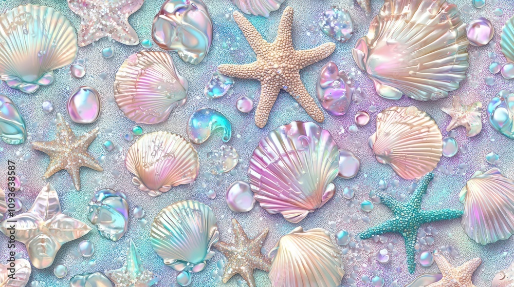Poster a colorful arrangement of seashells and starfish on a shimmering background