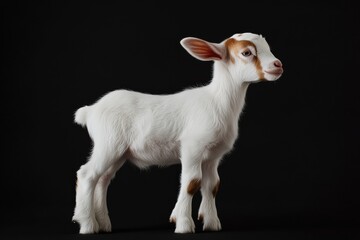 Fototapeta premium the beside view baby Anglo-Nubian goat standing, left side view, low angle, white copy space on right, Isolated on black Background