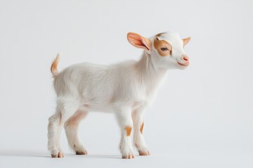 the beside view baby Anglo-Nubian goat standing, left side view, low angle, white copy space on right, Isolated on White Background