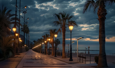 Obraz premium palm tree alley night at beautiful coastal town, tropical city illuminated street at evening