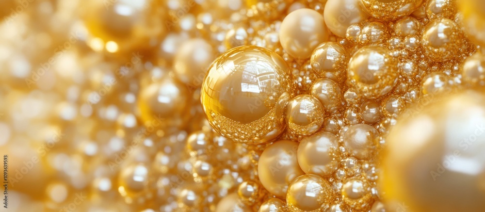 Poster a close-up view of golden spheres with a shiny, iridescent finish