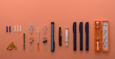 set of different insulin pens and injections for diabetes treatment in high resolution