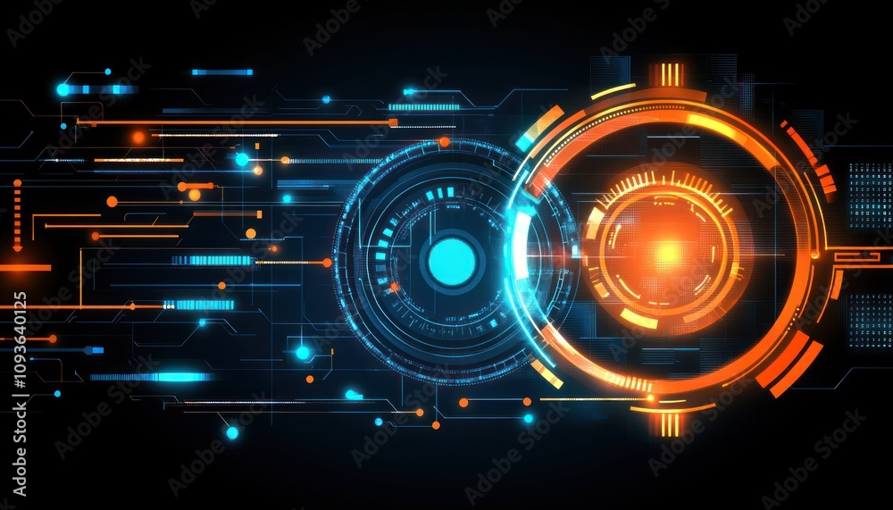Poster Abstract Futuristic Interface with Circular Elements and Glowing Lines