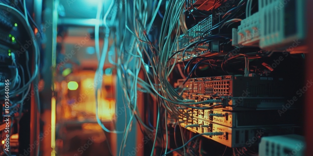 Poster Close-up of Network Server Racks with Tangled Cables