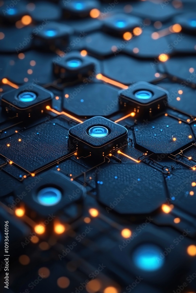 Poster abstract technology circuit board with glowing blue and orange lights