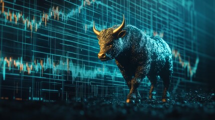 A powerful bull charging upwards against a backdrop of glowing green stock arrows and digital trading symbols, creating an image of financial success