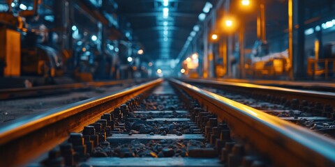 Railroad Tracks in an Industrial Setting with Warm Lighting