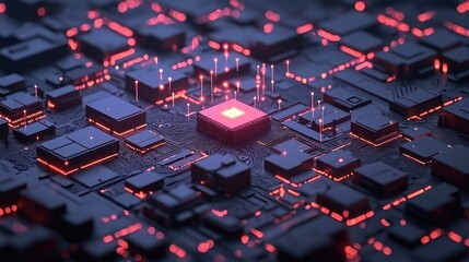 A glowing red microprocessor surrounded by black circuit board components