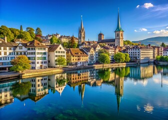 Fototapeta premium Stunning Zurich City Panorama with Vibrant Skyline and Natural Landscape, Showcasing the Iconic Architecture and Scenic Views of Switzerland's Largest City