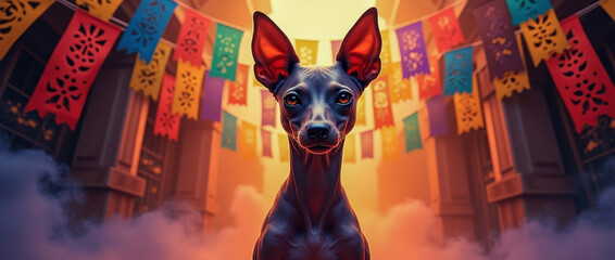 Majestic Xoloitzcuintli Mexican Hairless Dog Portrait with Traditional Papel Picado Banners, Dramatic Lighting and Mystical Atmosphere in Warm Orange Tones