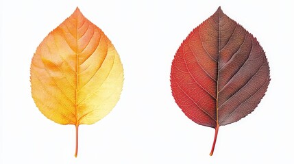 Obraz premium Vibrant autumn leaves in transition: yellow to deep red on white background