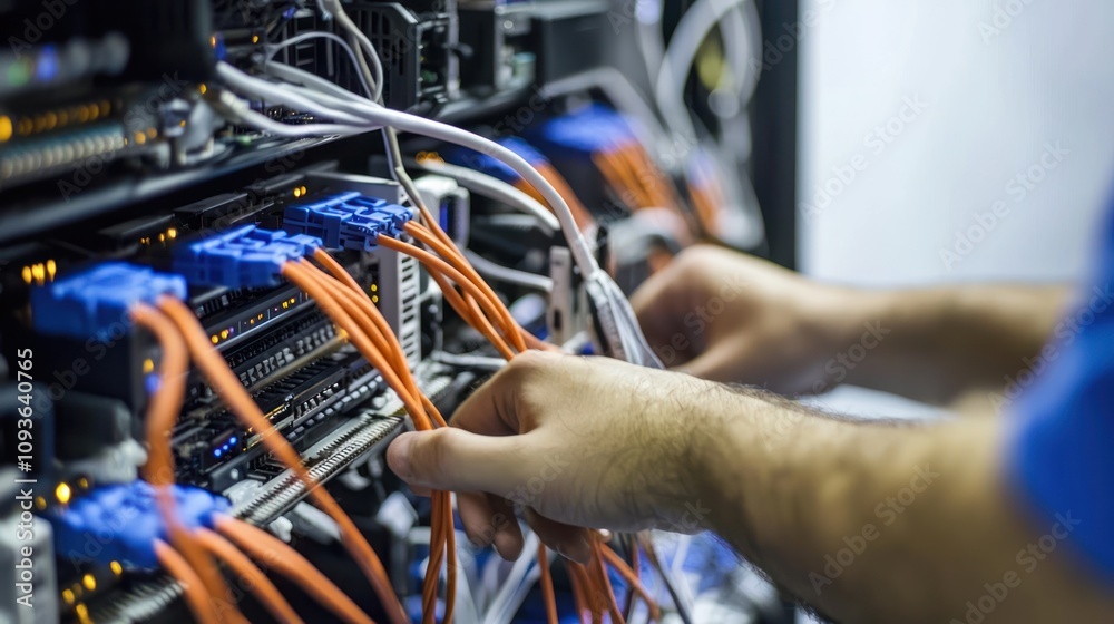 Poster technician connecting network cables to server rack
