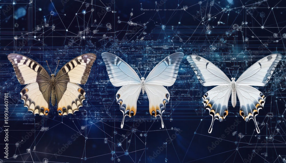 Aufkleber three butterflies on a digital network background