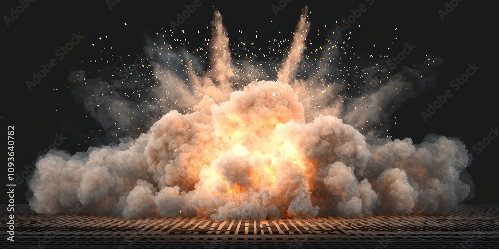 Poster a powerful explosion with smoke and sparks on a dark background