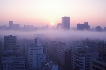 Fototapeta premium Foggy sunrise over skyscrapers in a bustling city creating a serene atmosphere