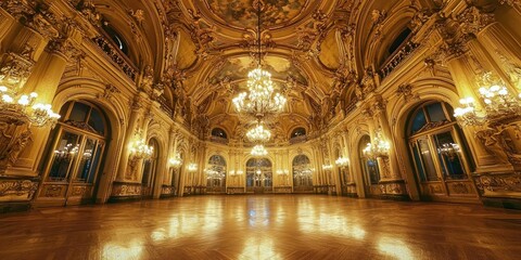 A grand, ornately decorated ballroom with intricate gold details and chandeliers.