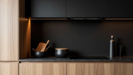 Sophisticated black 3D textured backsplash illuminated by under-cabinet LEDs creates a modern contrast with light wood finishes.