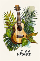 Ukulele and tropical leaves on white background, text UKULELE