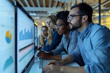 Collaborative team of business analysts using technology to analyze financial data and graphs in a contemporary office.