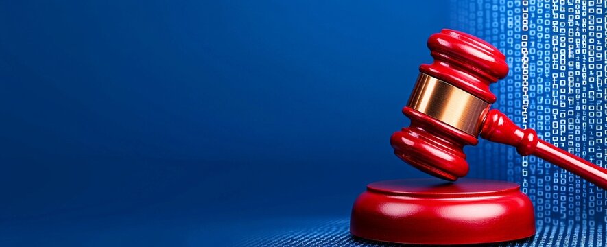 Positioned before a digital screen, a gavel signifies the role of technology in law.