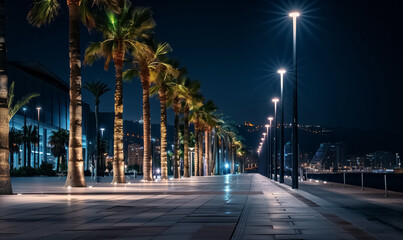 palm tree alley night at beautiful coastal town, tropical city illuminated street at evening