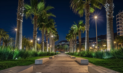 Obraz premium palm tree alley night at beautiful coastal town, tropical city illuminated street at evening