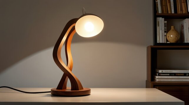 Modern wooden desk lamp with a curved design, casting warm light on a white surface.