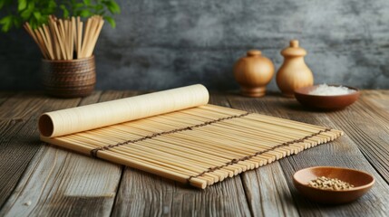 Beautiful Bamboo Sushi Mat on Wooden Table