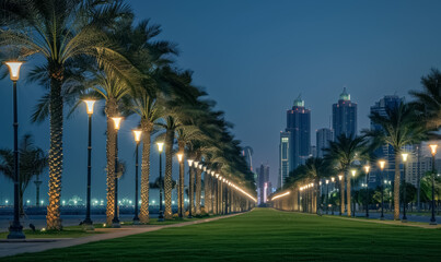 palm tree alley night at beautiful coastal town, tropical city illuminated street at evening