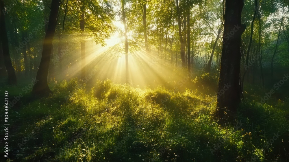 Poster sunbeams illuminate a misty forest clearing, casting long shadows through the trees.