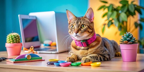 Stylish Cat Desktop Photography Featuring Trendy Cat Accessories and Chic Workspace Decor for Cat Lovers and Fashion Enthusiasts