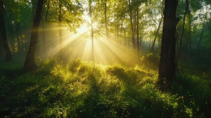 Sunbeams illuminate a misty forest clearing, casting long shadows through the trees.