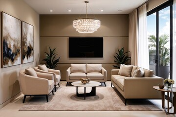 Fototapeta premium Contemporary Interior Design: Modern Table, Loveseat, and Coffee Seating in Soft Beige Setting
