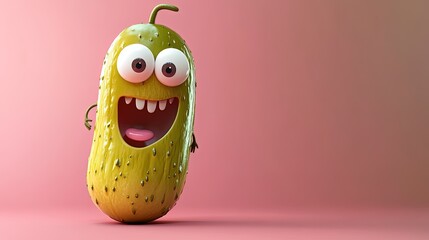 Happy cartoon pickle character on pink background.