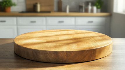 Wooden kitchen table background with a blurred white clean abstract home interior and soft bokeh effect. The focus is on the textured wood countertop, ideal for display or montage of dining products, 