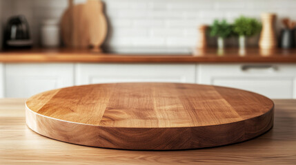 Wooden kitchen table background with a blurred white clean abstract home interior and soft bokeh effect. The focus is on the textured wood countertop, ideal for display or montage of dining products, 
