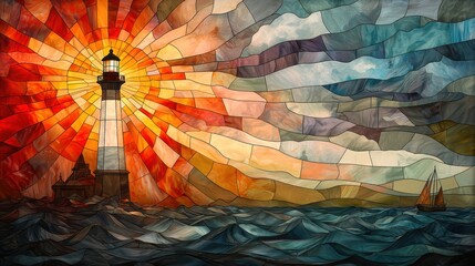 A vibrant, abstract lighthouse scene with dramatic colors illuminating the sky and water, evoking a sense of guidance and serenity.