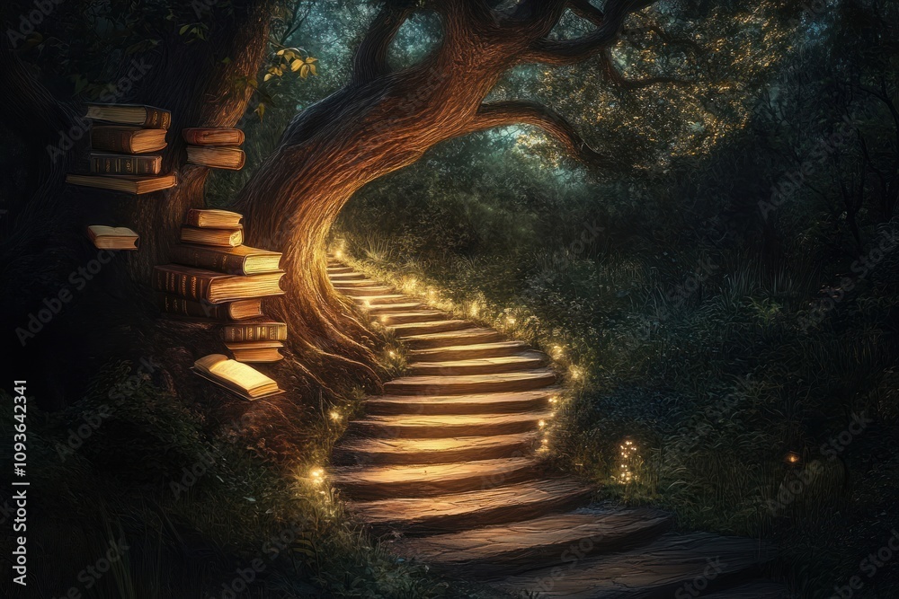 Aufkleber A magical staircase winding through a dark forest illuminated by glowing lights and leading to a stack of books resting on a large tree trunk.