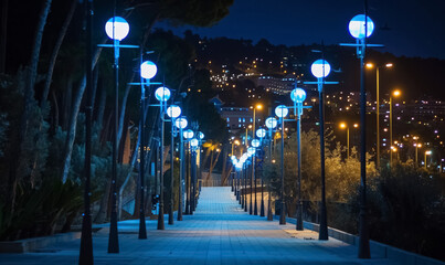 illuminated pedestrian street with modern streetlight and led lanterns at night
