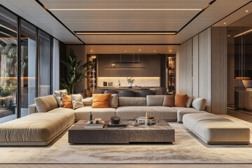 Modern living room with large sectional sofa, coffee table, and a view of a patio through large windows.