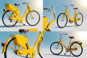 Obraz premium Classic Yellow Bicycle from Various Angles on Bright Background 3D Render