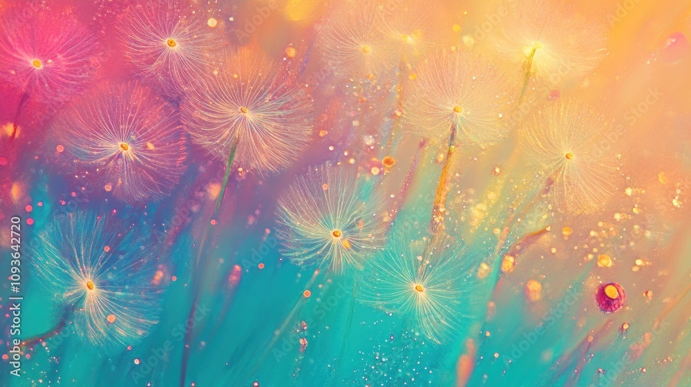 Poster a vibrant and ethereal image featuring a close-up of delicate, white dandelion seeds with a soft, dr
