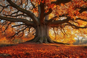 A majestic oak tree with vibrant orange leaves stands tall in an autumnal forest.