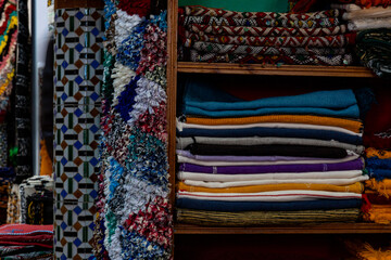 Handmade rugs display in a shop in Tangier, Morocco
