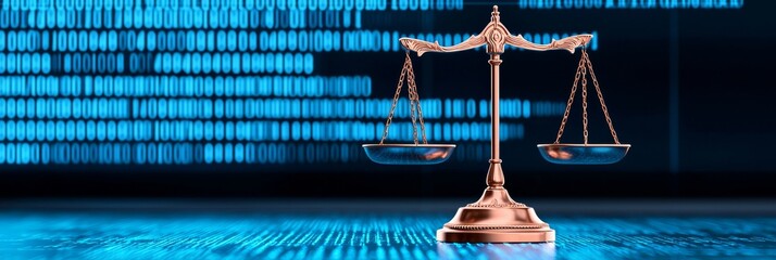 AI ethics are represented by balanced scales, digital codes, and ethical guidelines.