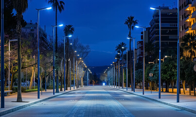 illuminated pedestrian street with modern streetlight and led lanterns at night