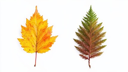 Fototapeta premium Contrast of autumn and evergreen leaves on clean white background