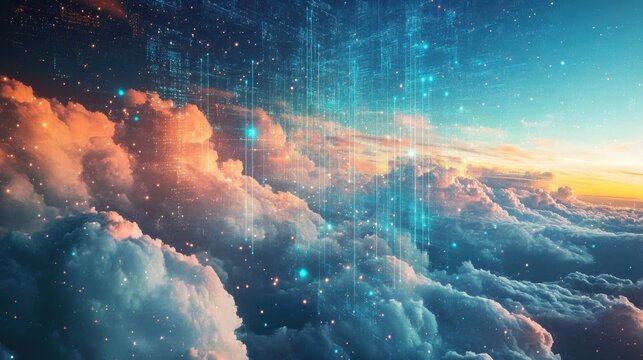 Digital cloud landscape with binary code